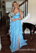 Sexy Blue V Neck Spaghetti Straps Blue Tiered A-line Long Party Dress Long Prom Dresses to Impress ,WGP1431