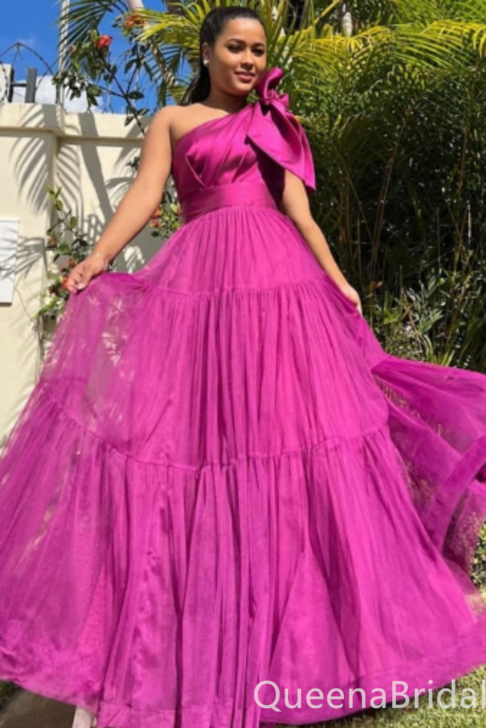 Hot Pink Halter One Shoulder Bow A-line Evening Gown Maxi Long Evening Party Prom Dresses ,WGP1166