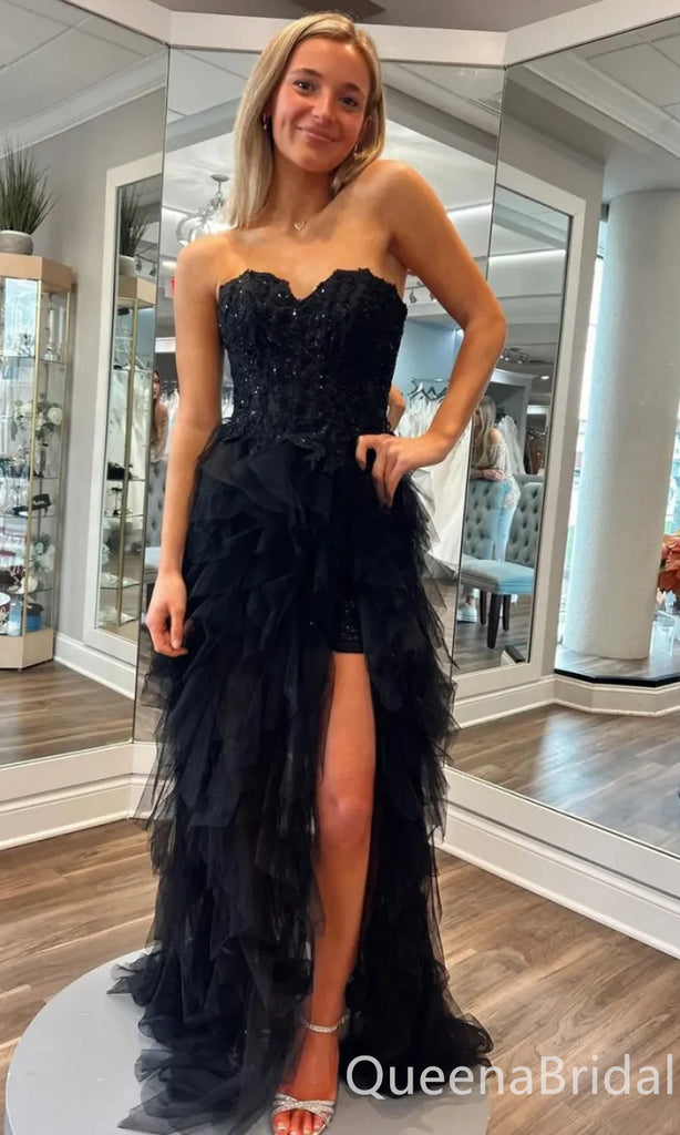 Gorgeous Strapless Black Ruffles Sweetheart Sheath Party Dress Long Prom Dresses to Impress ,WGP1634