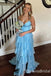 Sexy Blue V Neck Spaghetti Straps Blue Tiered A-line Long Party Dress Long Prom Dresses to Impress ,WGP1431