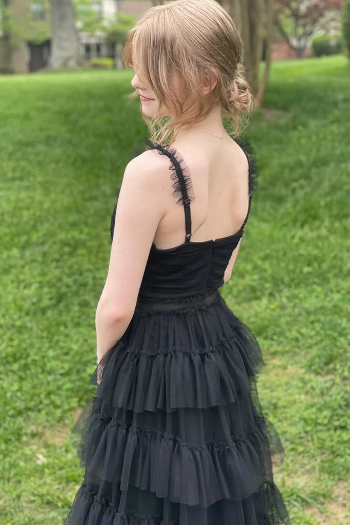 Elegant Black Spaghetti Strap A-Line Ruffles Long Prom Dresses,WGP444