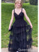 Elegant Black Spaghetti Strap A-Line Ruffles Long Prom Dresses,WGP444