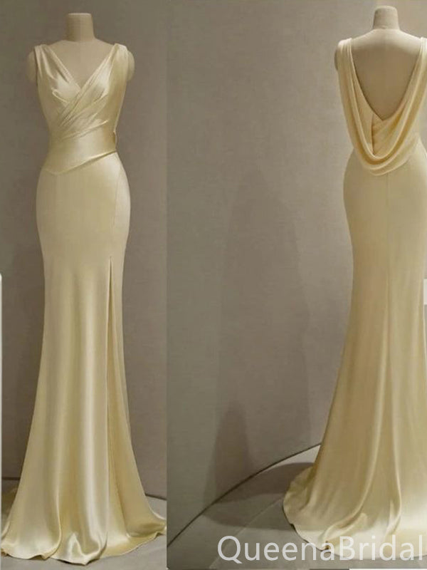 Elegant Light Yellow V Neck Mermaid Long Party Dress Prom Dresses,WGP1721