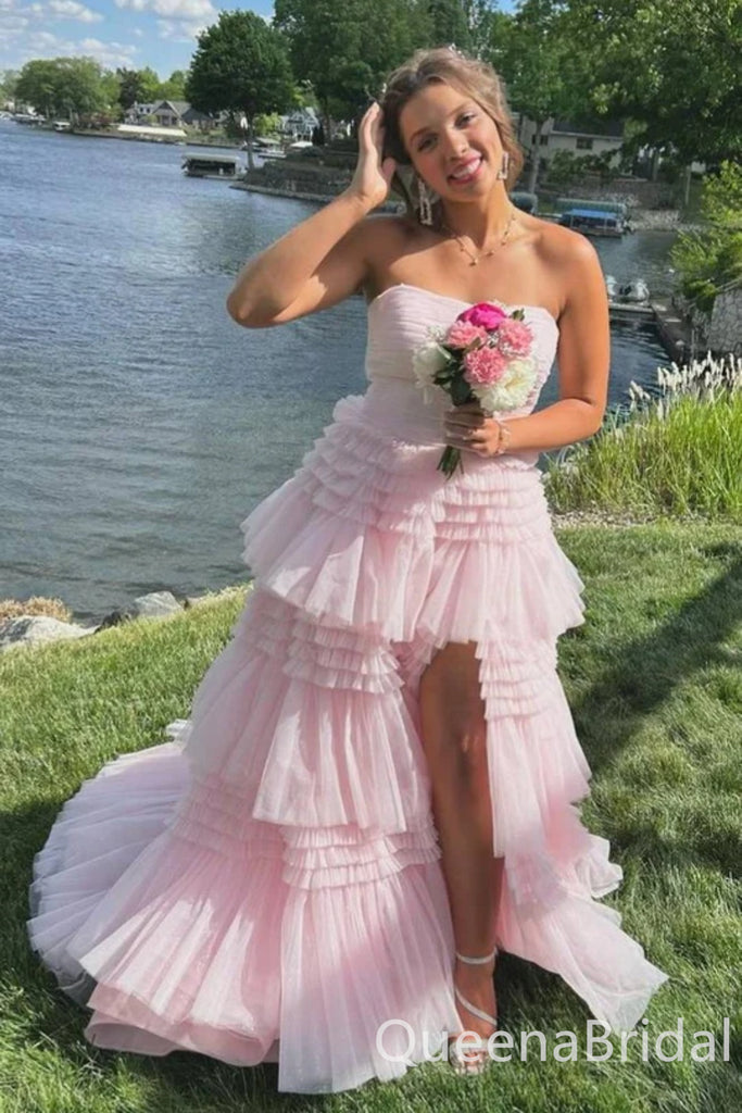 Charming Light Pink Side Slit Strapless Tiered A-line Long Party Dress Long Prom Dresses to Impress ,WGP1432