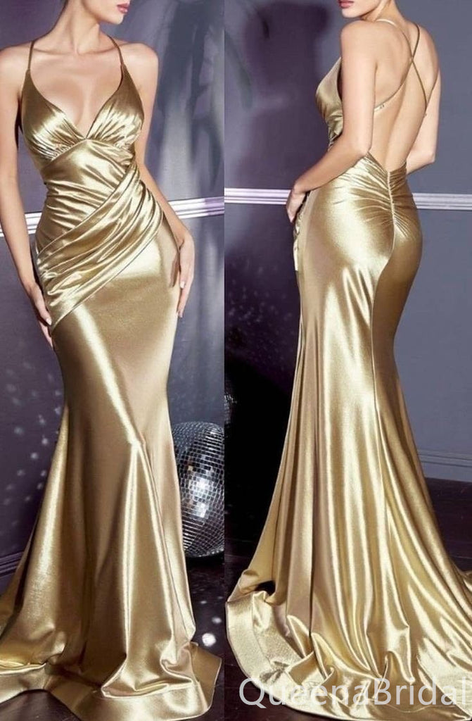 Stunning Gold Spaghetti Straps V Neck Mermaid Long Prom Dresses ,WGP1611