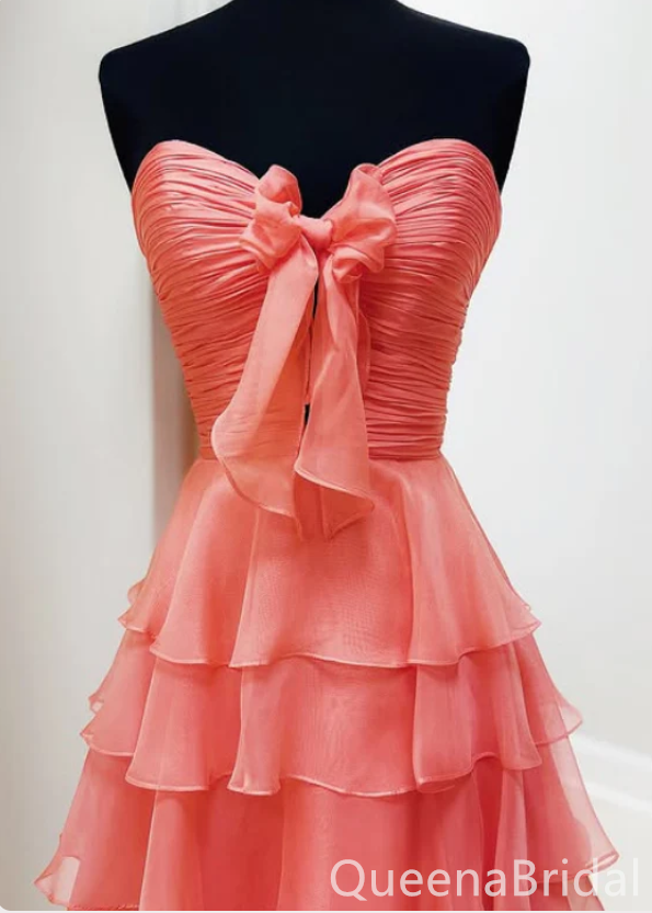 Elegant Watermelon Strapless Sweetheart Tiered A-line Long Prom Dresses ,WGP1613