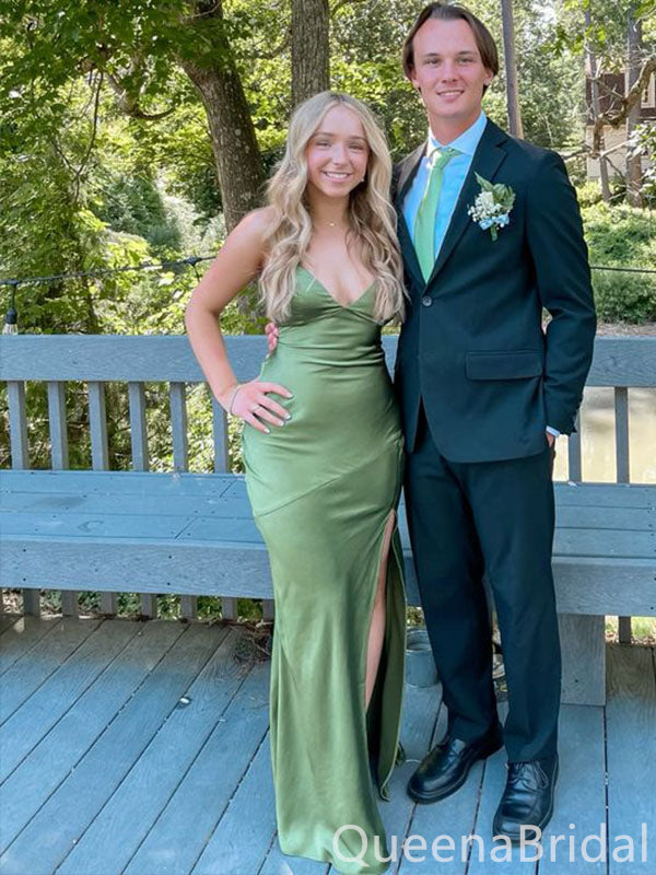 Sexy Green V Neck Side Slit A-line Long Prom Dresses ,WGP1615