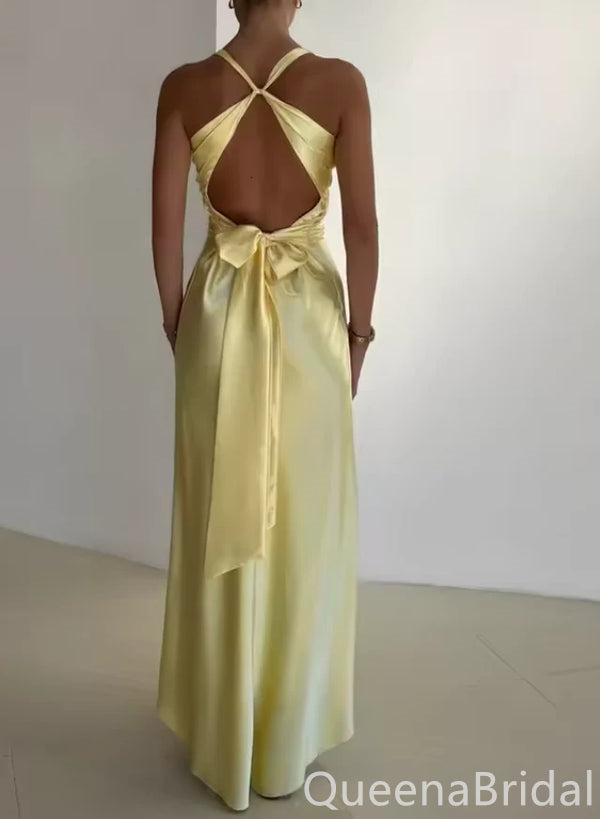 Elegant Light Yellow V Neck Sheath Long Prom Dresses ,WGP1616