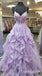 Light Purple Lace Appliques V Neck Spaghetti Straps Ruffles Long Prom Dresses to Impress ,WGP1343