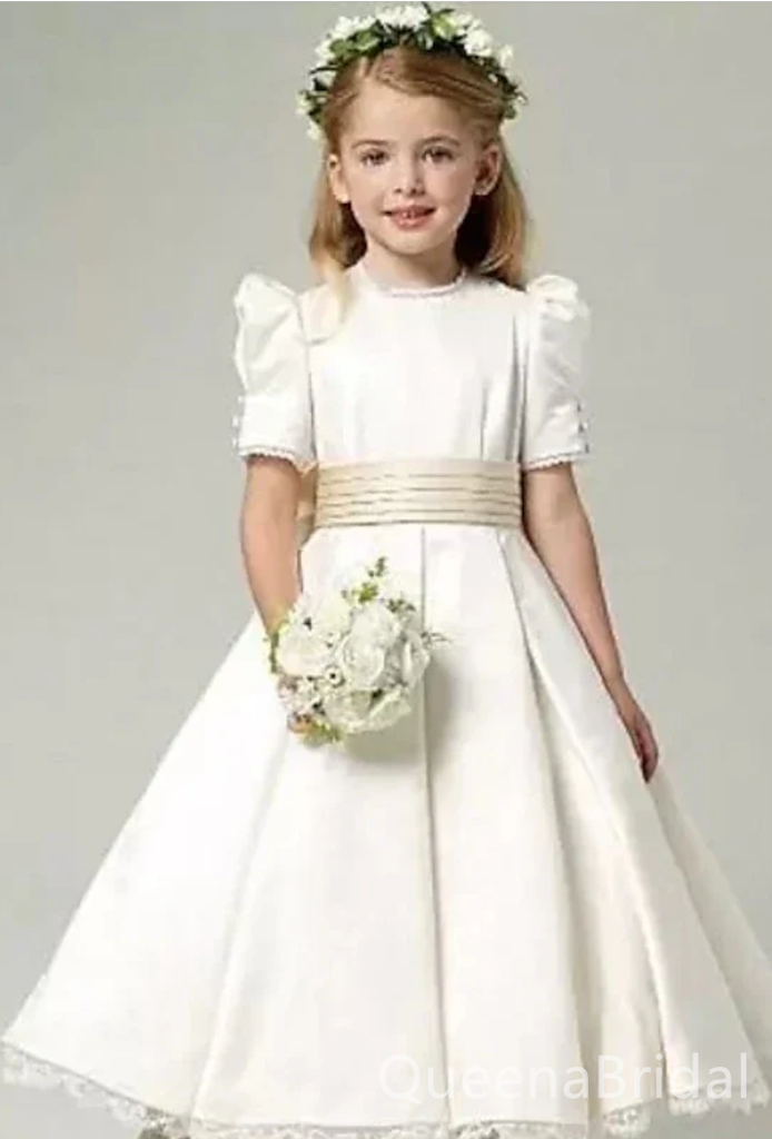 Elegant White Lace A-Line Cheap Simple Long Flower Girl Dresses with bow, FGS0049