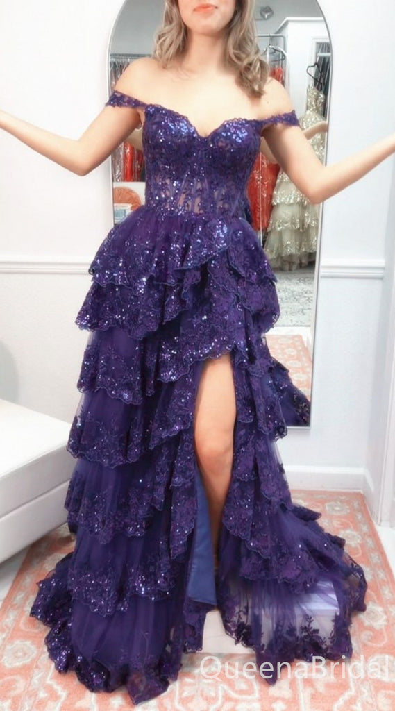 Sparkle Purple Off Shoulder Tiered A-line Lace Appliques Ruffles Long Prom Dresses to Impress ,WGP1344