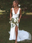 Elegant White Spaghetti Straps V Neck Lace Appliques Mermaid Long Wedding Dresses,WGP206