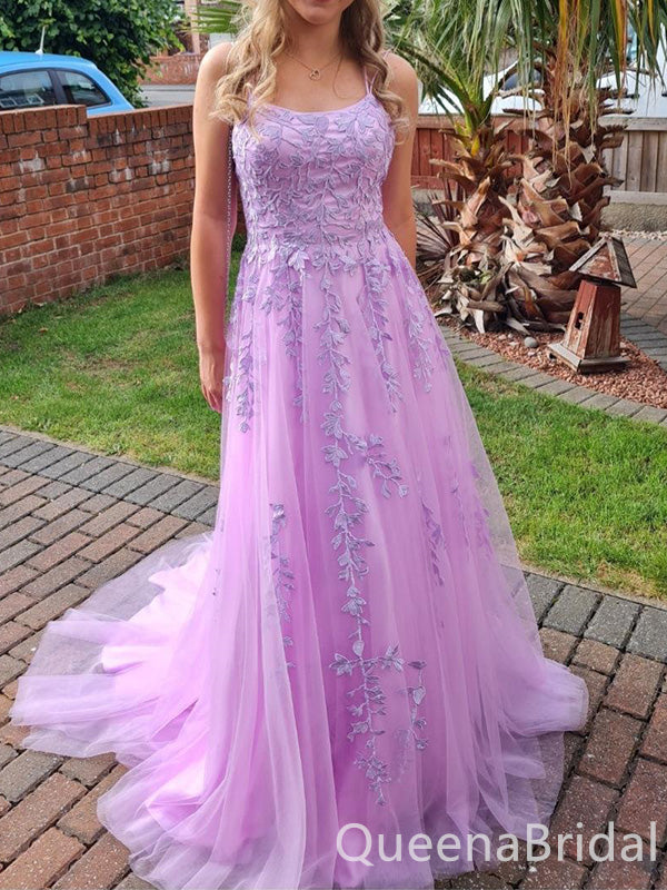 Gentle Pink Spaghetti Strap A-Line Lace Up Back Long Evening Gown Prom Dresses,WGP416