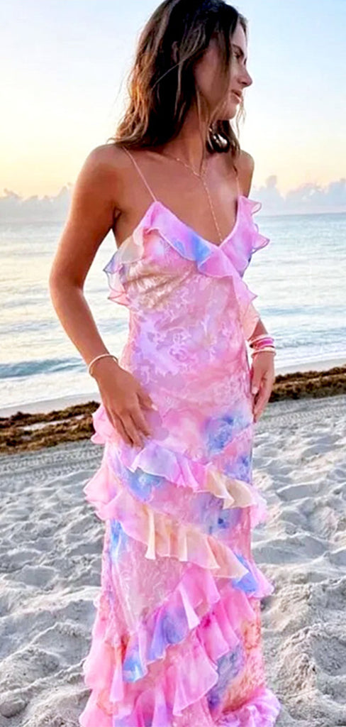 Elegant Pink Spaghetti Strap Ruffles Colorful Beach Prom Dresses,WGP488