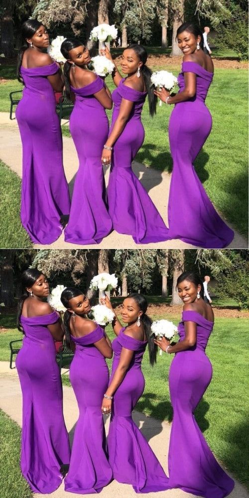 Elegant Dark Purple Off Shoulder Simple Cheap Mermaid Long Bridesmaid Dresses, BDS0199