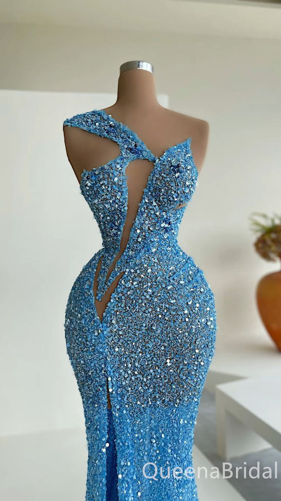 Sexy Blue One Shoulder Sparkle High Slit Mermaid Evening Gown Long Formal Dresses Prom Dresses ,WGP769