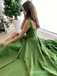 Sexy Unique Green Front Slit A-line Evening Gown Long Prom Dresses with Pleats,WGP676