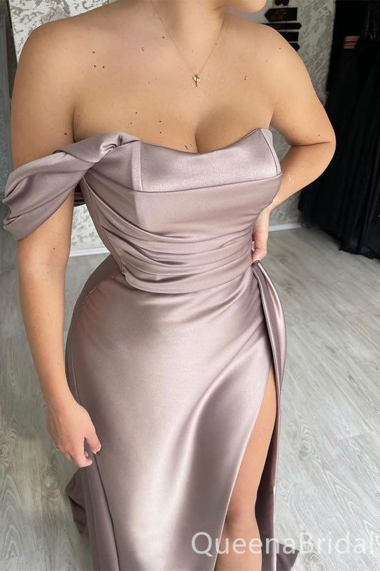 Sexy Strapless Off Shoulder High Slit Evening Gown Long Prom Dresses with Pleats,WGP657