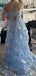 Elegant Blue Off Shoulder A-line Sequins Ruffles Side Slit Lace Up Back Long Prom Dresses,WGP411