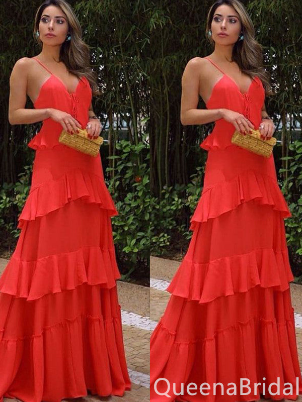 Elegant Red Spaghetti Straps V Neck A-line Long Party Dress Prom Dresses,WGP1725