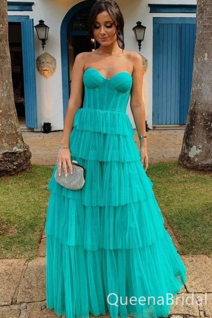 Green Strapless Sweetheart A-line Evening Gown Long Evening Party Prom Dresses ,WGP1252