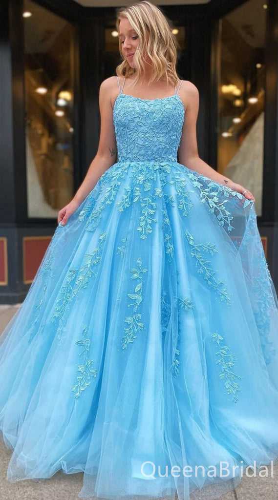 Blue Spaghetti Straps A-line Lace Appliques Long Prom Dresses to Impress ,WGP1346