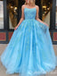 Blue Spaghetti Straps A-line Lace Appliques Long Prom Dresses to Impress ,WGP1346