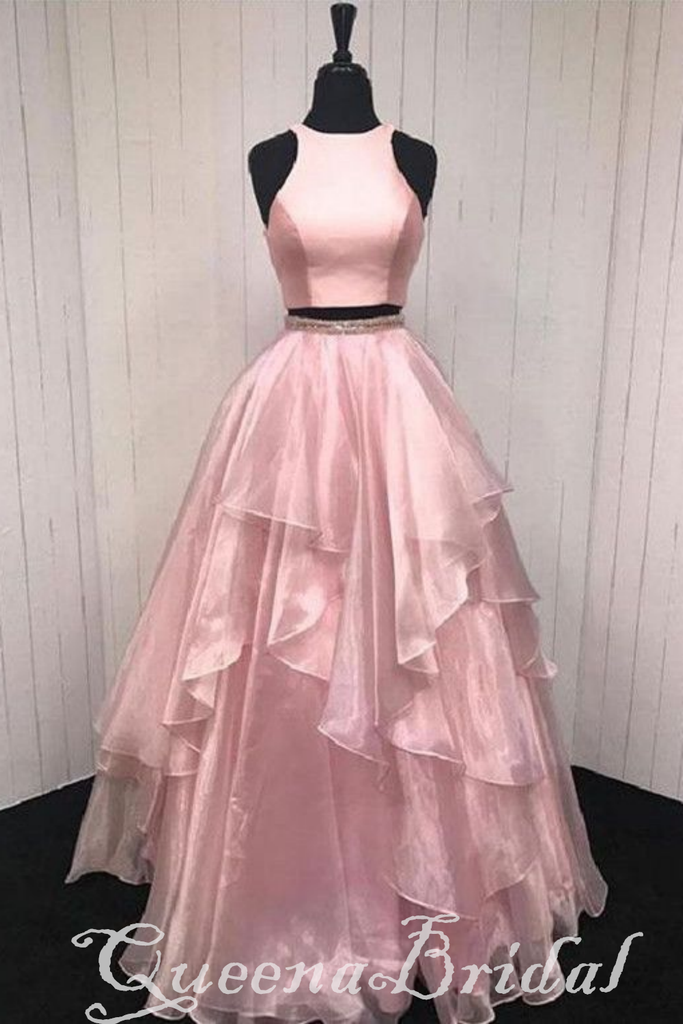 Pink Halter Beaded Fluffy Two Pieces Evening Gown Maxi Long Evening Party Prom Dresses ,WGP1068