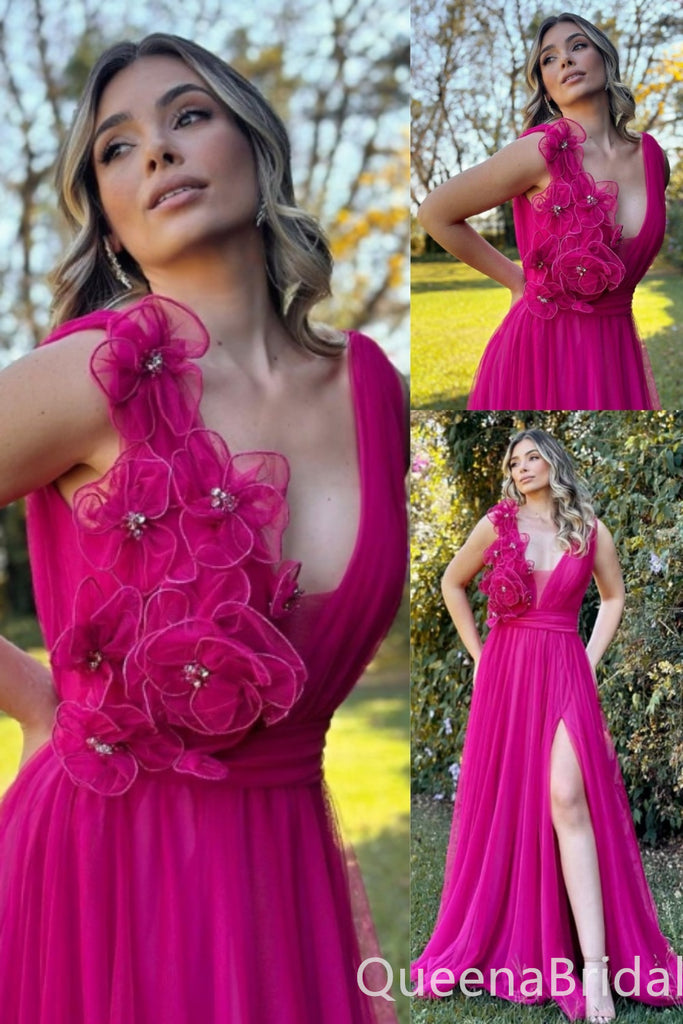 Flower Plunging A-line Evening Gown Maxi Long Evening Party Prom Dresses ,WGP1171