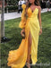 Yellow Long Sleeves Sheath Evening Gown Long Evening Party Prom Dresses with Slit,WGP1253