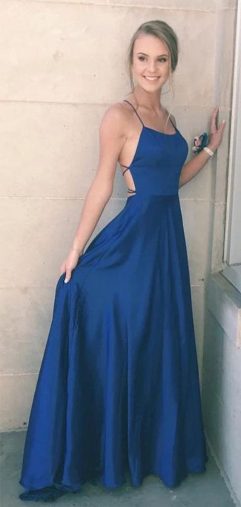 Sexy Blue Spaghetti Straps Lace Up Back Square Neck A-line Maxi Long Prom Dresses Evening Gown,WGP547