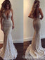 Champagne Spaghetti Straps Plunging Mermaid Flower Appliques Long Prom Dresses to Impress ,WGP1349