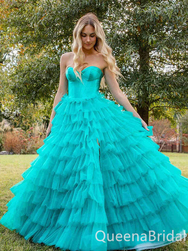 Fluffy Tiered Green Tulle Sweetheart A-line Long Party Dress Long Prom Dresses to Impress ,WGP1439