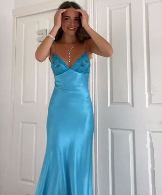 Blue Spaghetti Straps V Neck Embroidery Sheath Party Dress Long Prom Dresses to Impress ,WGP1642