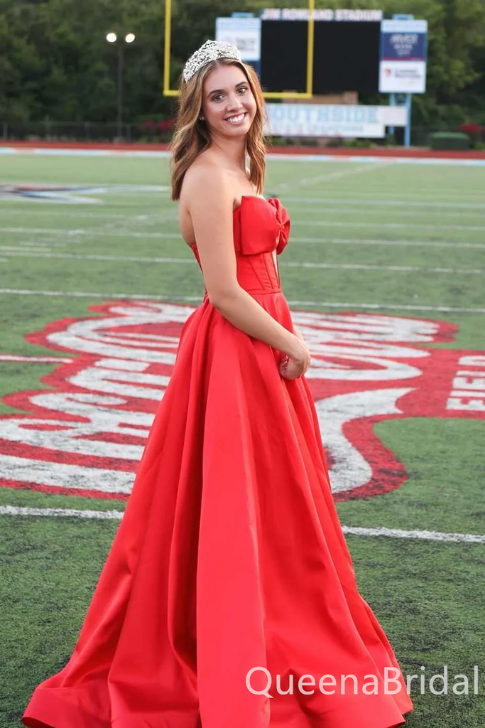 Sexy Strapless Red A-line Bow Knot Side Slit Long Party Dress Long Prom Dresses to Impress ,WGP1440