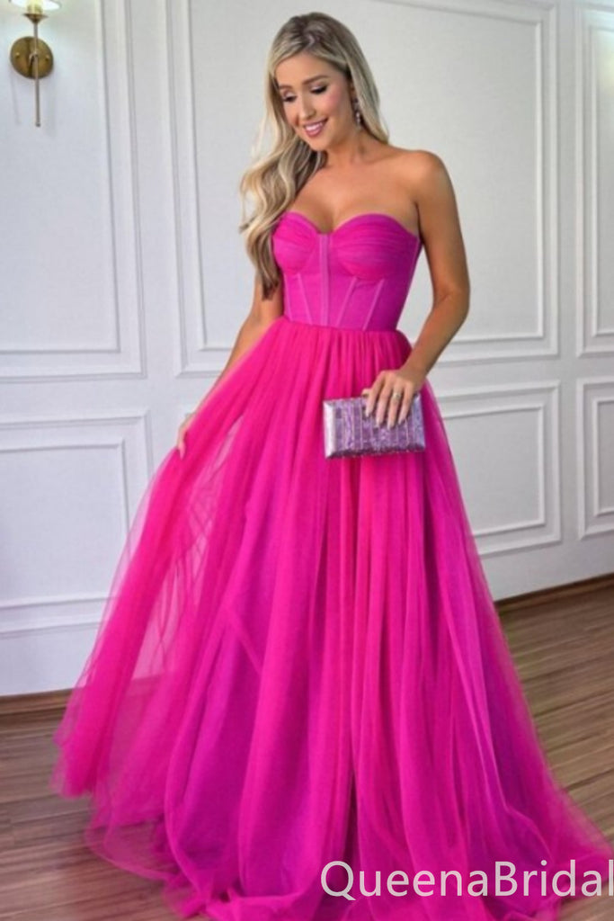 Strapless Hot Pink Sheer Corset Bodice A-line Evening Gown Maxi Long Evening Party Prom Dresses ,WGP1175