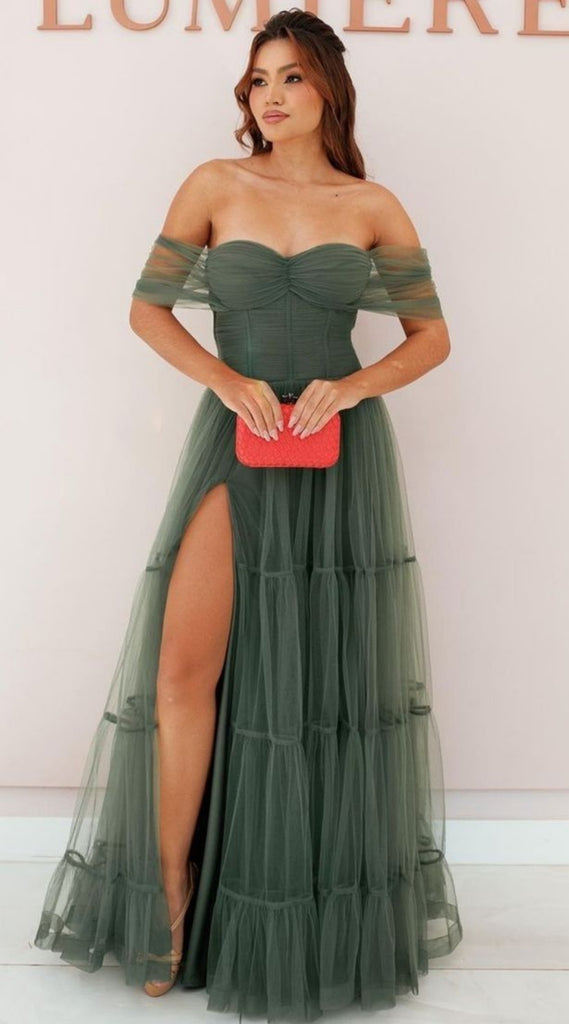 Green Strapless Off Shoulder A-line Long Prom Dresses to Impress with Slit ,WGP1352