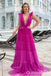 Hot Pink Plunging A-line Evening Gown Maxi Long Evening Party Prom Dresses ,WGP1176