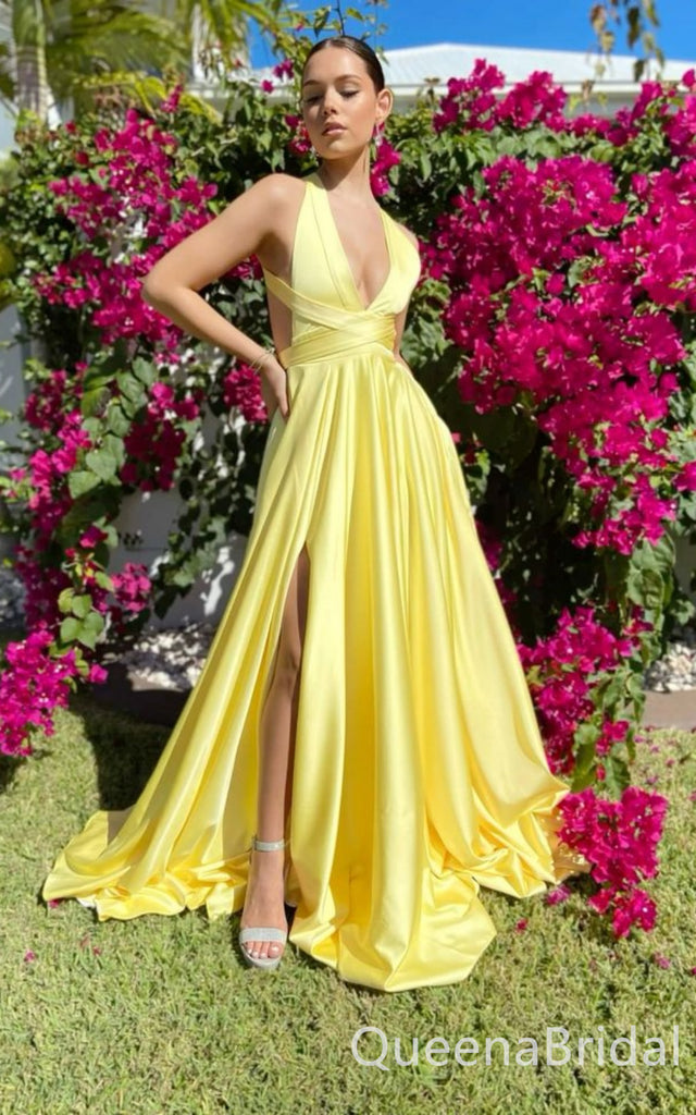 Light Yellow Plunging Criss Cross A-line Evening Gown Long Evening Party Prom Dresses with Slit ,WGP1258