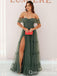 Green Strapless Off Shoulder A-line Long Prom Dresses to Impress with Slit ,WGP1352