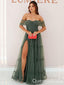 Green Strapless Off Shoulder A-line Long Prom Dresses to Impress with Slit ,WGP1352