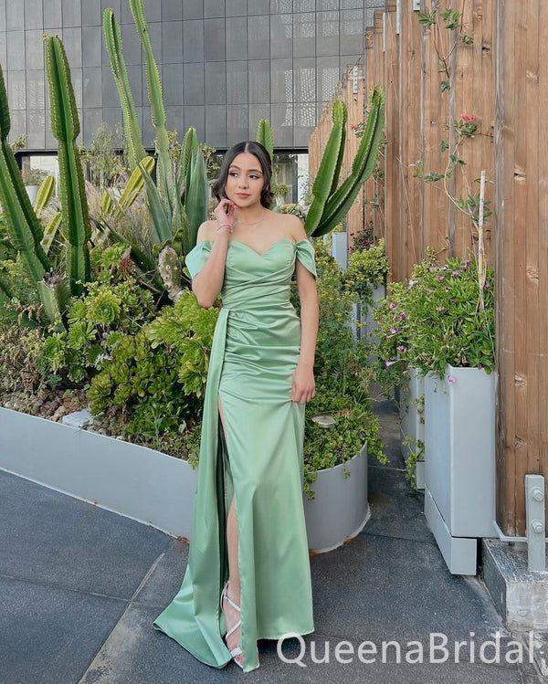 Off Shoulder Green Mermaid Sweetheart Evening Gown Long Evening Party Prom Dresses with Slit ,WGP1259