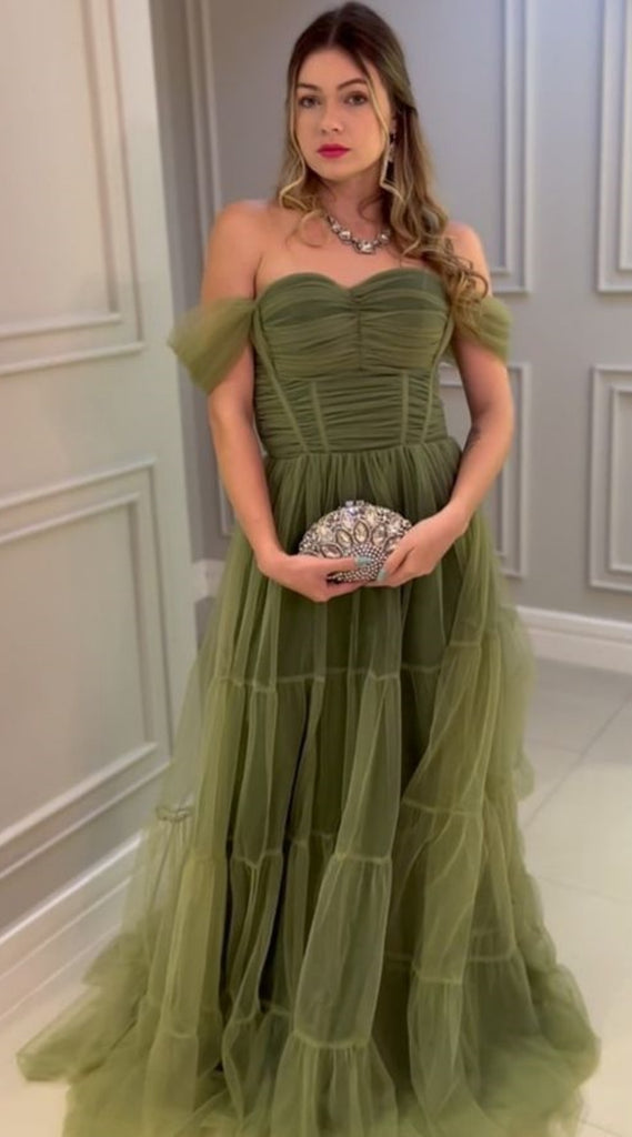 Green Strapless Off Shoulder A-line Long Prom Dresses to Impress  ,WGP1353