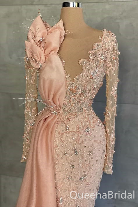 Blush Lace Appliques Plunging Beaded Long Sleeves Evening Gown Long Evening Party Prom Dresses  ,WGP1260