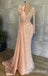 Blush Lace Appliques Plunging Beaded Long Sleeves Evening Gown Long Evening Party Prom Dresses  ,WGP1260