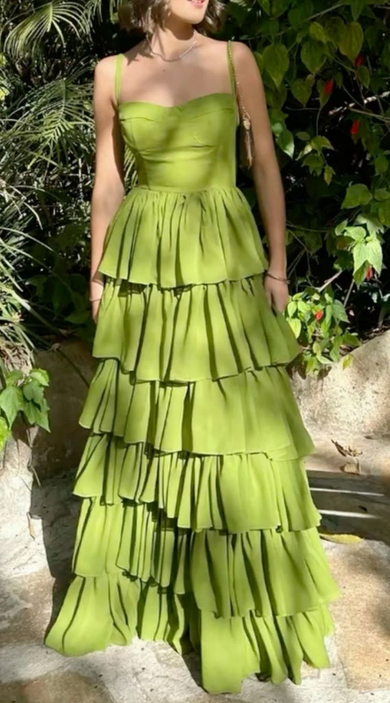 Green Tiered A-line Long Prom Dresses to Impress  ,WGP1354