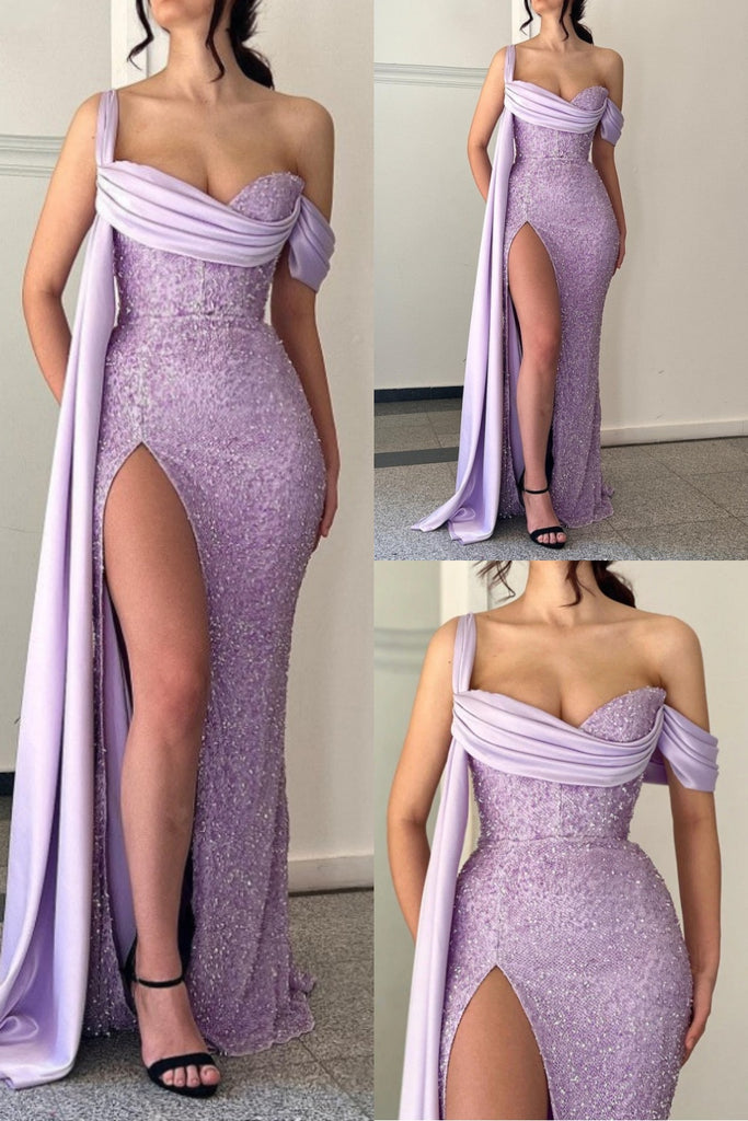 Stunning Shiny Lilac Mermaid Side Slit Party Dress Long Prom Dresses to Impress ,WGP1549