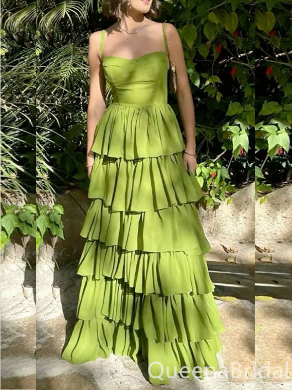 Green Tiered A-line Long Prom Dresses to Impress  ,WGP1354