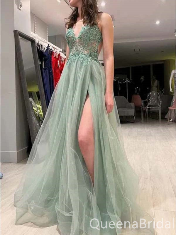 Sexy Plunging Light Green High Slit Tulle A-line Open Back Evening Gown Long Prom Dresses,WGP711