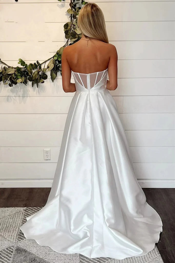 Elegant White Strapless Pleats A-Line Side Slit Long Wedding Dresses,WGP207